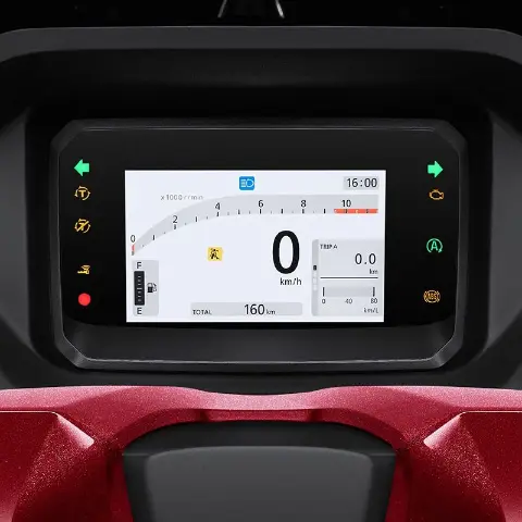 Panel Indikator full color yang dilengkapi teknologi TFT berukuran 5 inch dengan tampilan dan warna background yang dapat disesuaikan serta memberikan informasi lengkap bagi pengendara yang meliputi fitur Honda RoadSync, Tacho Meter, Trip Meter dan Informasi Konsumsi Bahan Bakar. *Hanya di tipe RoadSync